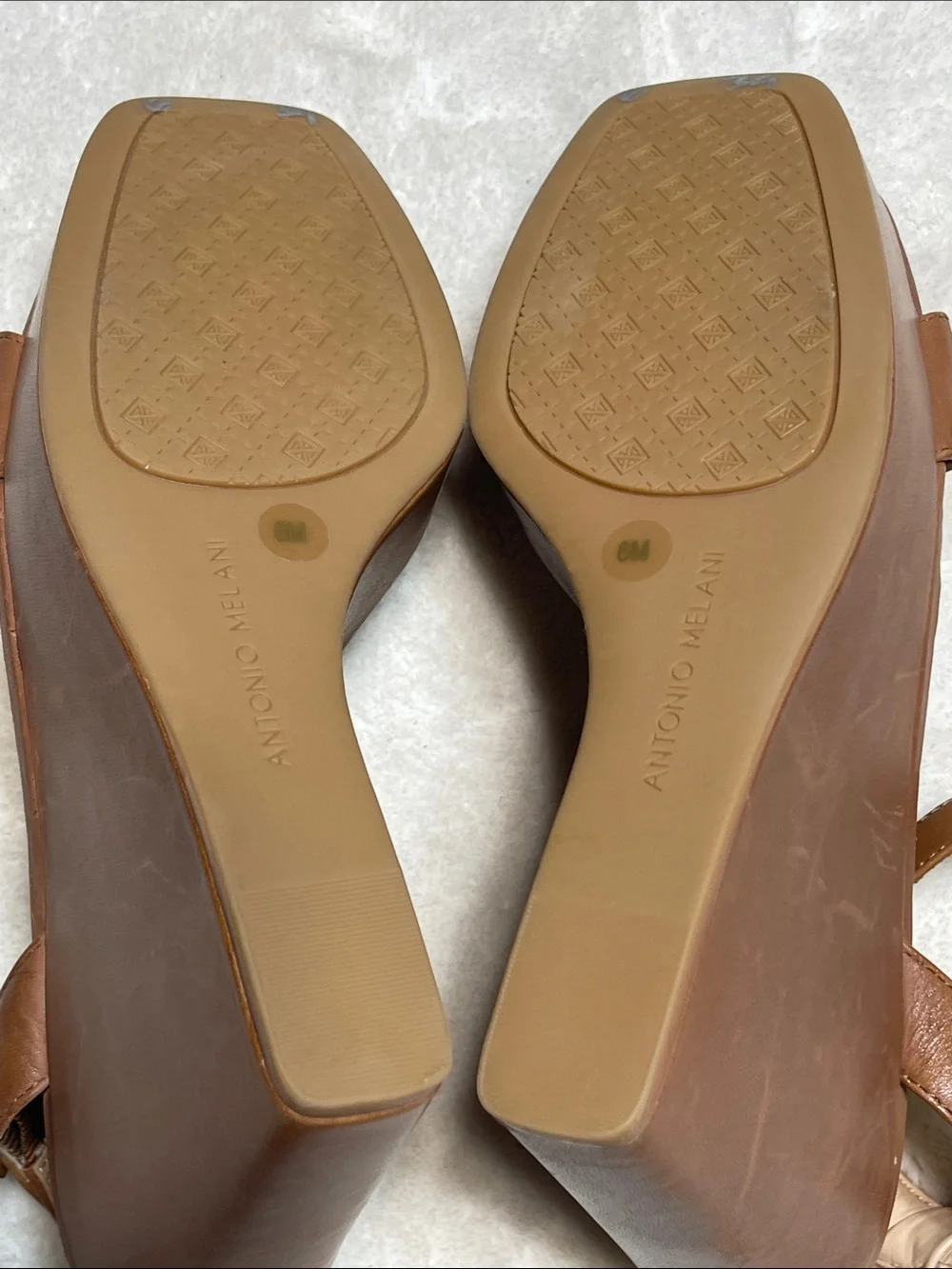 ANTONIO MELANI Tan Leather Platform Wedge Sandals with Slingback Ankle Strap Sz6